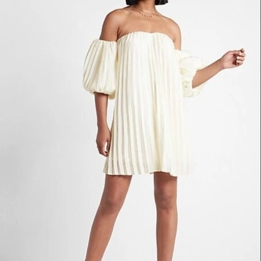 Express Ivory Pleated Off-Shoulder Lantern Sleeve Mini Dress XL NWOT